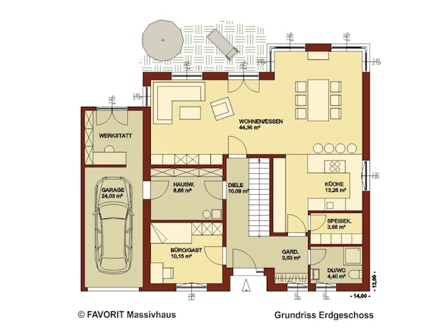 Massivhaus Creativ Sun 183 von FAVORIT Massivhaus Schlüsselfertig ab 506410€, Pultdachhaus Grundriss 1
