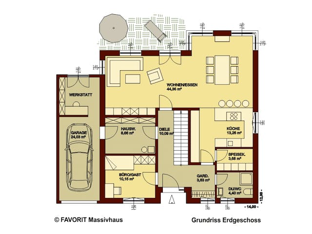 Massivhaus Creativ Sun 183 von Favorit Massivhaus Schlüsselfertig ab 526660€, Pultdachhaus Grundriss 1