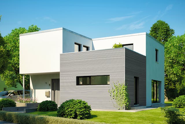 Fertighaus in Kubusstil mit versetzten Baukörpern & Loggia im Obergeschoss von Hanse Haus