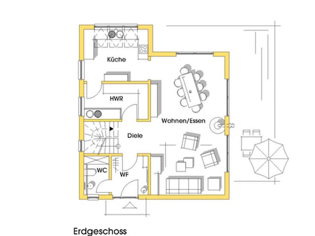 Fertighaus Britta (KfW-Effizienzhaus 40 EE) von Dammann-Haus Schlüsselfertig ab 310500€, Satteldach-Klassiker Grundriss 1 Fertighaus Britta (KfW-Effizienzhaus 40 EE) von Dammann-Haus Schlüsselfertig ab 310500€, Satteldach-Klassiker Grundriss 1