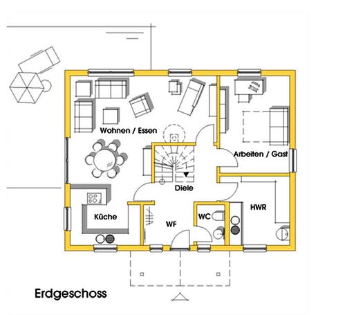 Fertighaus Carmen (KfW-Effizienzhaus 40 EE) von Dammann-Haus Schlüsselfertig ab 372500€, Satteldach-Klassiker Grundriss 1