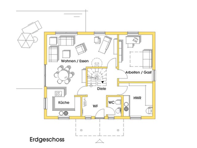 Fertighaus Carmen (KfW-Effizienzhaus 40 EE) von Dammann-Haus Schlüsselfertig ab 372500€, Satteldach-Klassiker Grundriss 1 Fertighaus Carmen (KfW-Effizienzhaus 40 EE) von Dammann-Haus Schlüsselfertig ab 372500€, Satteldach-Klassiker Grundriss 1