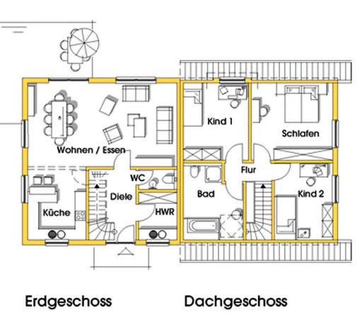 Fertighaus Kerstin 1 (KfW-Effizienzhaus 40 EE) von Dammann-Haus Schlüsselfertig ab 292900€, Satteldach-Klassiker Grundriss 2