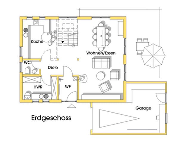 Fertighaus Myrna (KfW-Effizienzhaus 40 EE) von Dammann-Haus Schlüsselfertig ab 327800€, Satteldach-Klassiker Grundriss 1