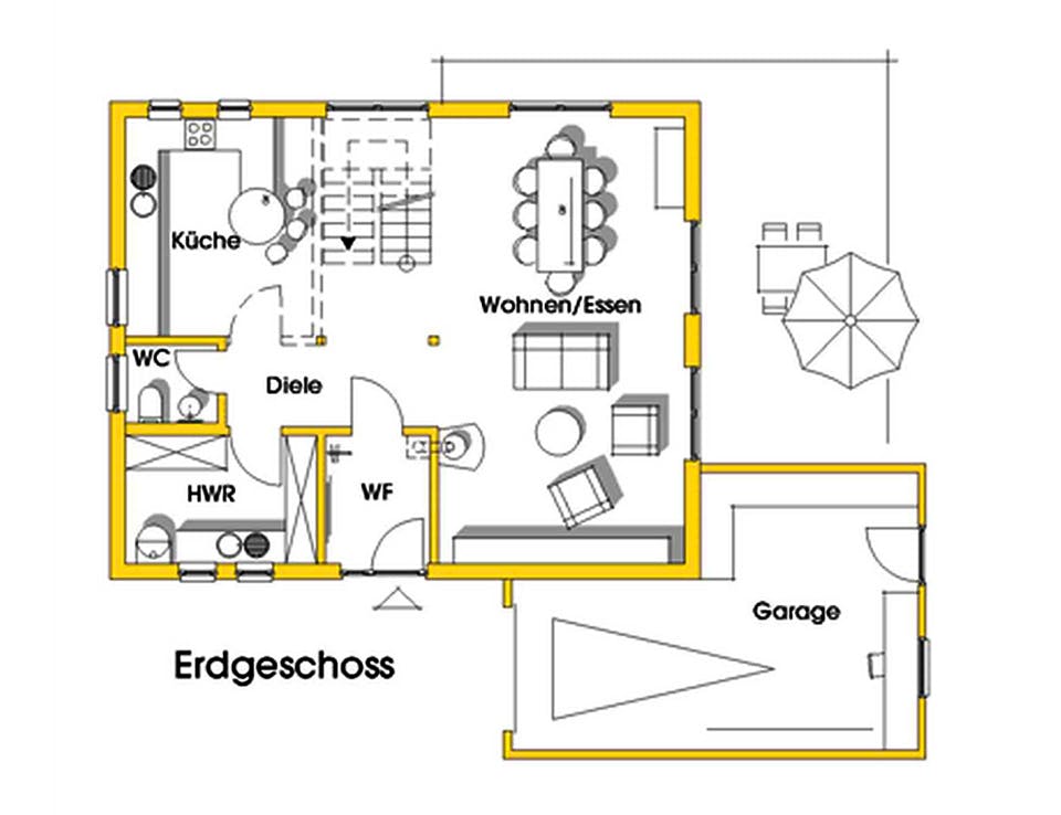 Fertighaus Myrna (KfW-Effizienzhaus 40 EE) von Dammann-Haus Schlüsselfertig ab 327800€, Satteldach-Klassiker Grundriss 1