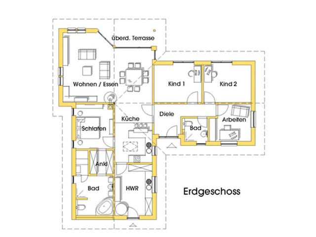 Fertighaus Natalie (KfW-Effizienzhaus 40 EE) von Dammann-Haus Schlüsselfertig ab 392000€, Bungalow Grundriss 1 Fertighaus Natalie (KfW-Effizienzhaus 40 EE) von Dammann-Haus Schlüsselfertig ab 392000€, Bungalow Grundriss 1