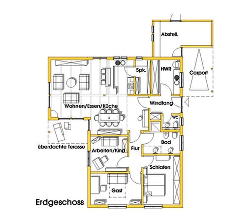 Fertighaus Rosi (KfW-Effizienzhaus 40 EE) von Dammann-Haus Schlüsselfertig ab 362500€, Bungalow Grundriss 1