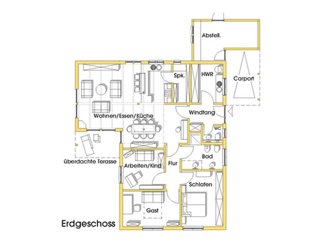 Fertighaus Rosi (KfW-Effizienzhaus 40 EE) von Dammann-Haus Schlüsselfertig ab 362500€, Bungalow Grundriss 1 Fertighaus Rosi (KfW-Effizienzhaus 40 EE) von Dammann-Haus Schlüsselfertig ab 362500€, Bungalow Grundriss 1