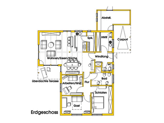 Fertighaus Rosi (KfW-Effizienzhaus 40 EE) von Dammann-Haus Schlüsselfertig ab 362500€, Bungalow Grundriss 1