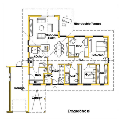 Fertighaus Rosi 2 (KfW-Effizienzhaus 40 EE) von Dammann-Haus Schlüsselfertig ab 372600€, Bungalow Grundriss 1