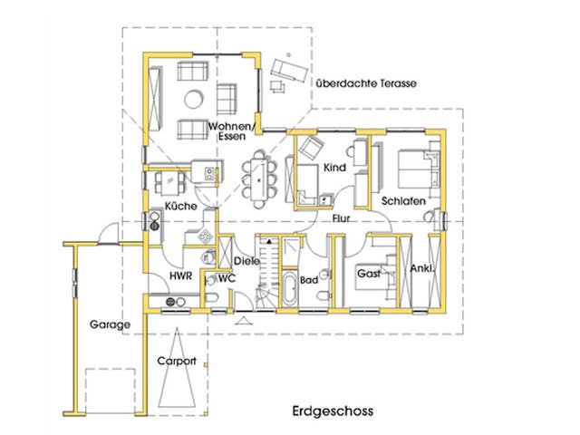 Fertighaus Rosi 2 (KfW-Effizienzhaus 40 EE) von Dammann-Haus Schlüsselfertig ab 372600€, Bungalow Grundriss 1