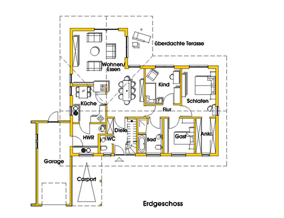 Fertighaus Rosi 2 (KfW-Effizienzhaus 40 EE) von Dammann-Haus Schlüsselfertig ab 372600€, Bungalow Grundriss 1