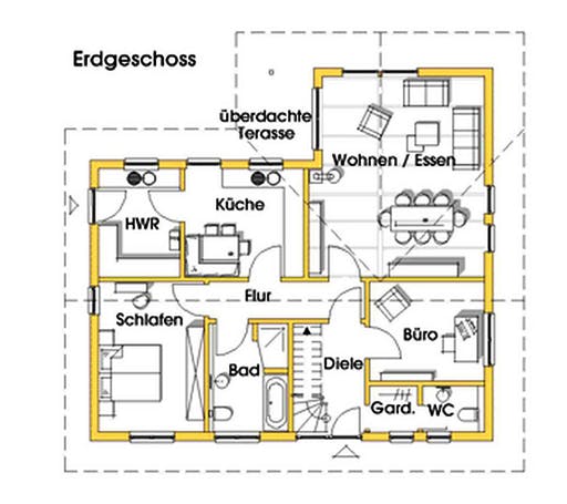 Fertighaus Rosi 3 (KfW-Effizienzhaus 40 EE) von Dammann-Haus Schlüsselfertig ab 328300€, Bungalow Grundriss 1