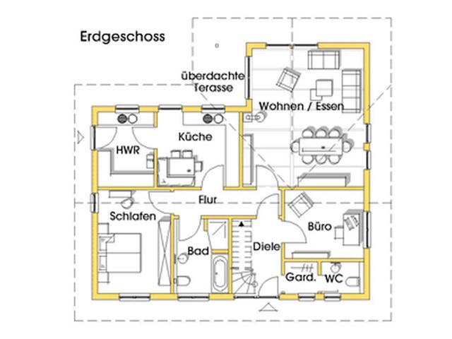Fertighaus Rosi 3 (KfW-Effizienzhaus 40 EE) von Dammann-Haus Schlüsselfertig ab 328300€, Bungalow Grundriss 1 Fertighaus Rosi 3 (KfW-Effizienzhaus 40 EE) von Dammann-Haus Schlüsselfertig ab 328300€, Bungalow Grundriss 1
