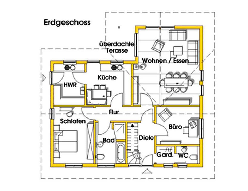 Fertighaus Rosi 3 (KfW-Effizienzhaus 40 EE) von Dammann-Haus Schlüsselfertig ab 328300€, Bungalow Grundriss 1