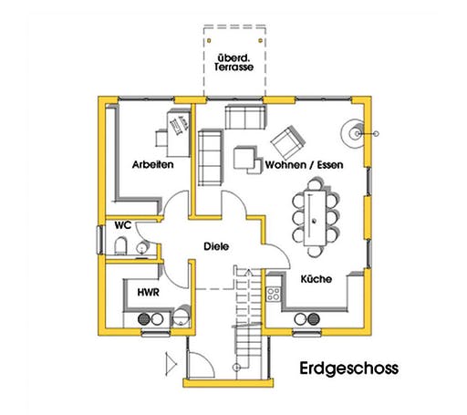 Fertighaus Yvonne (KfW-Effizienzhaus 40 EE) von Dammann-Haus Schlüsselfertig ab 368400€, Pultdachhaus Grundriss 1