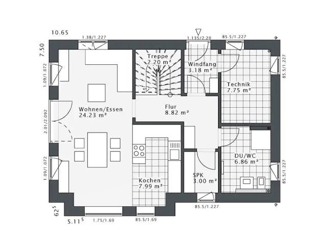 Fertighaus Daylight-E-120 E1 von Danhaus Deutschland Ausbauhaus ab 275437€, Satteldach-Klassiker Grundriss 1