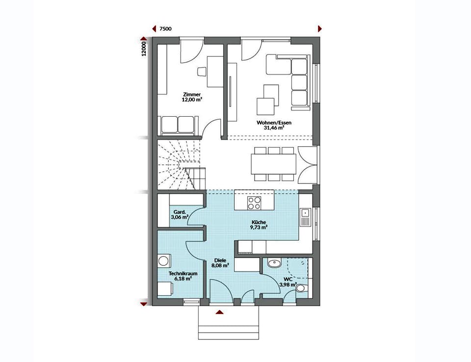 Fertighaus Partner 150 von Danwood - Österreich Schlüsselfertig ab 291000€, Satteldach-Klassiker Grundriss 1