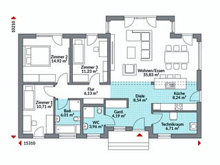 Fertighaus Perfect 116 von Danwood - Österreich Schlüsselfertig ab 290800€, Satteldach-Klassiker Grundriss 1