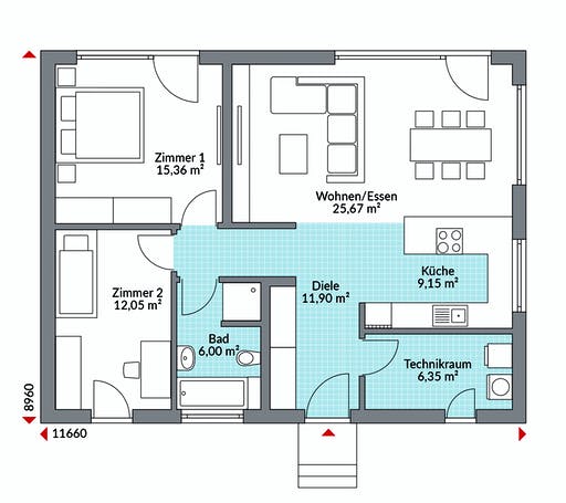 Fertighaus Perfect 86 von DAN-WOOD HOUSE - Österreich Schlüsselfertig ab 165300€, Bungalow Grundriss 1