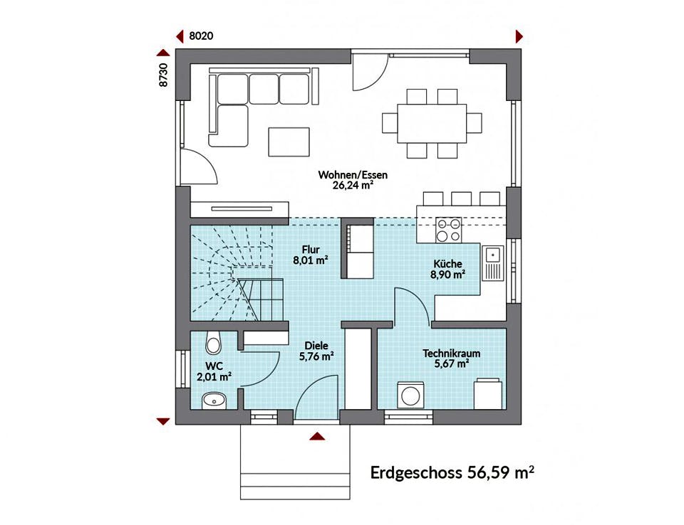 Fertighaus Point 110 von Danwood - Österreich Schlüsselfertig ab 225100€, Satteldach-Klassiker Grundriss 1