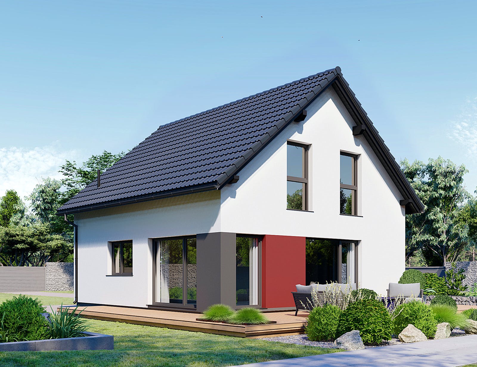 Fertighaus Point 128 von Danwood - Österreich Schlüsselfertig ab 237200€, Satteldach-Klassiker Außenansicht 2