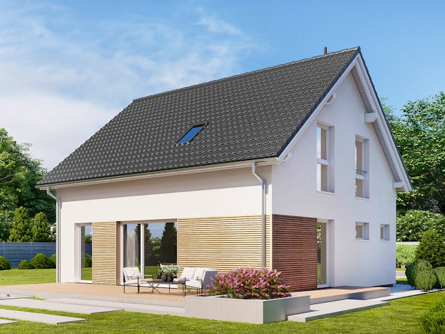 Fertighaus Point 130 von Danwood - Österreich Schlüsselfertig ab 275600€, Satteldach-Klassiker Außenansicht 1 Fertighaus Point 130 von Danwood - Österreich Schlüsselfertig ab 275600€, Satteldach-Klassiker Außenansicht 1