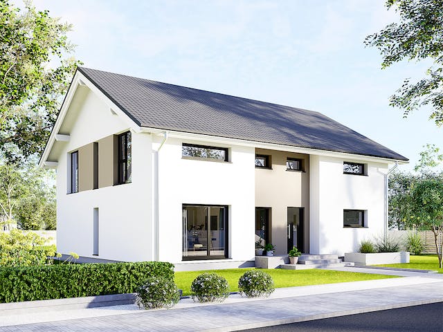 Fertighaus Plus 235 von Danwood S.A. - Zwei- und Mehrfamilienhäuser Schlüsselfertig ab 477400€, Außenansicht 2