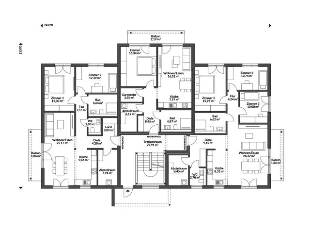 Fertighaus Poly 974 W9 von Danwood S.A. - Zwei- und Mehrfamilienhäuser, Satteldach-Klassiker Grundriss 1
