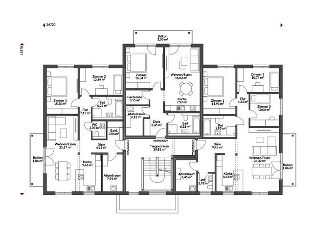 Fertighaus Poly 974 W9 von Danwood S.A. - Zwei- und Mehrfamilienhäuser, Satteldach-Klassiker Grundriss 2