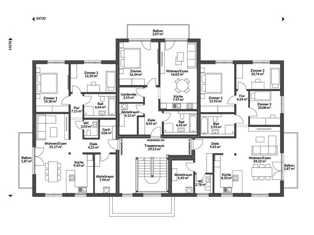 Fertighaus Poly 974 W9 von Danwood S.A. - Zwei- und Mehrfamilienhäuser, Satteldach-Klassiker Grundriss 3