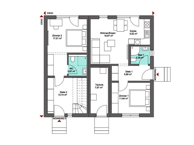 Fertighaus Privat 174.1 von Danwood S.A. - Zwei- und Mehrfamilienhäuser Schlüsselfertig ab 359100€, Grundriss 1