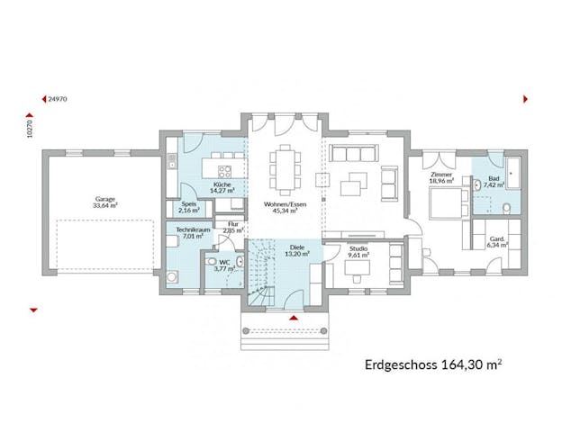 Grundriss Villa klassisch mit symmetrischer Achse, Doppelgarage und Studio in den Außenflügeln von Danwood