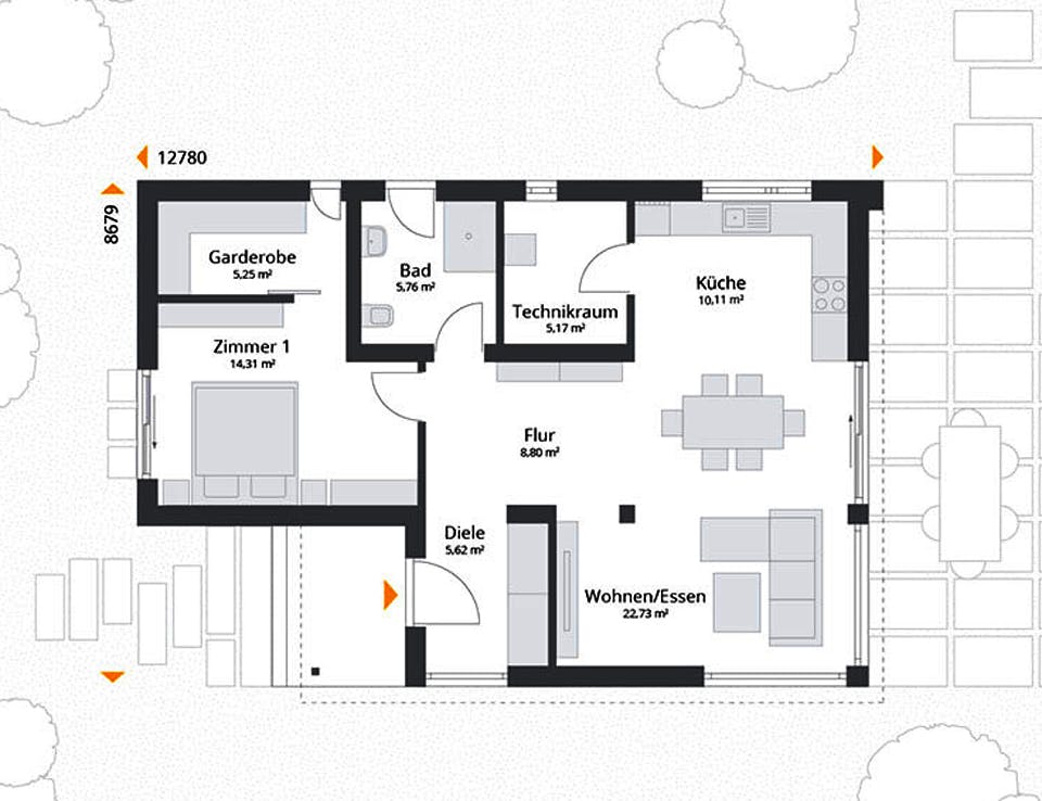 Fertighaus Next 80 F von NEXT by Danwood Schlüsselfertig ab 233500€, Bungalow Grundriss 1