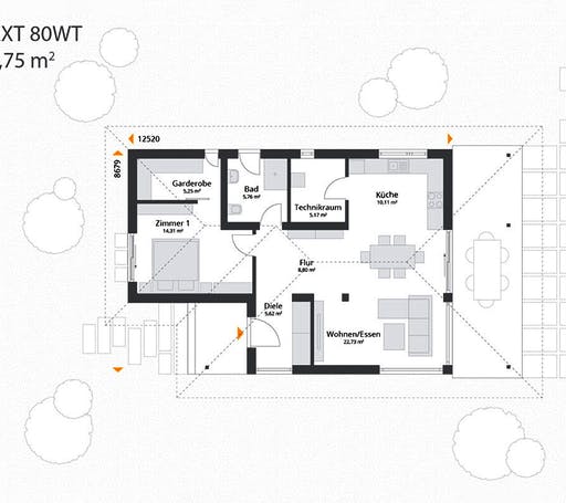 Fertighaus Next 80 WT von NEXT by Danwood Schlüsselfertig ab 264800€, Bungalow Grundriss 1
