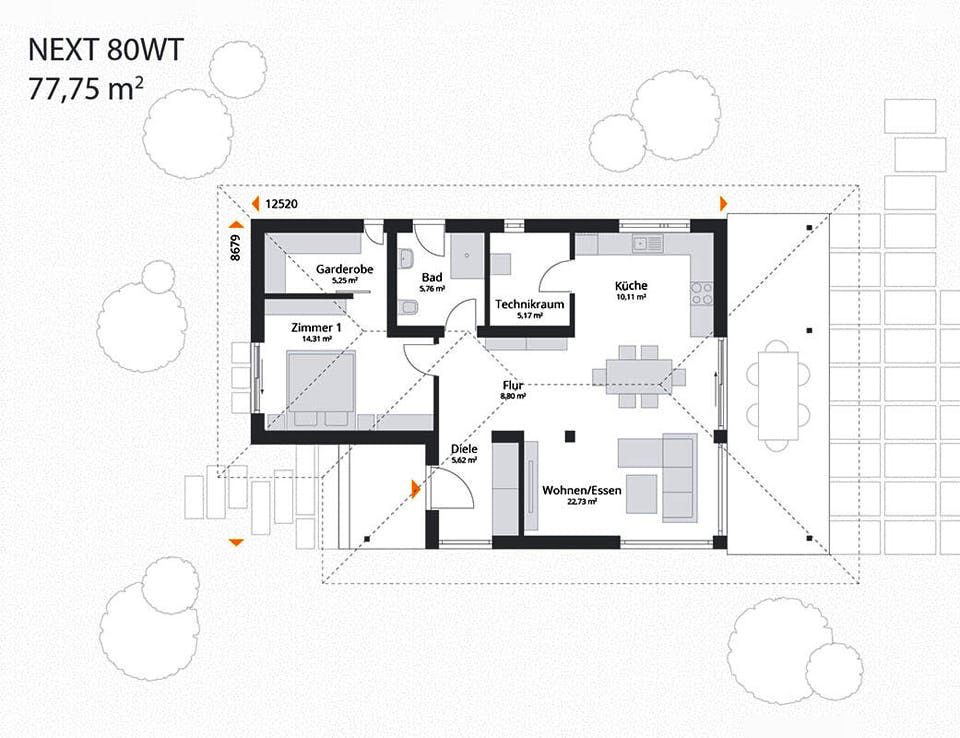 Fertighaus Next 80 WT von Danwood - NEXT by Danwood Schlüsselfertig ab 299400€, Bungalow Grundriss 1