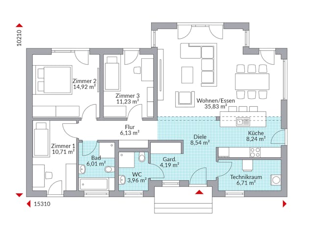 Fertighaus Perfect 116 von Danwood Schlüsselfertig ab 265300€, Bungalow Grundriss 1 Fertighaus Perfect 116 von Danwood Schlüsselfertig ab 265300€, Bungalow Grundriss 1