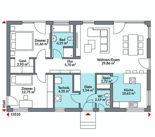 Fertighaus Perfect 95 von DAN-WOOD Schlüsselfertig ab 194400€, Bungalow Grundriss 1