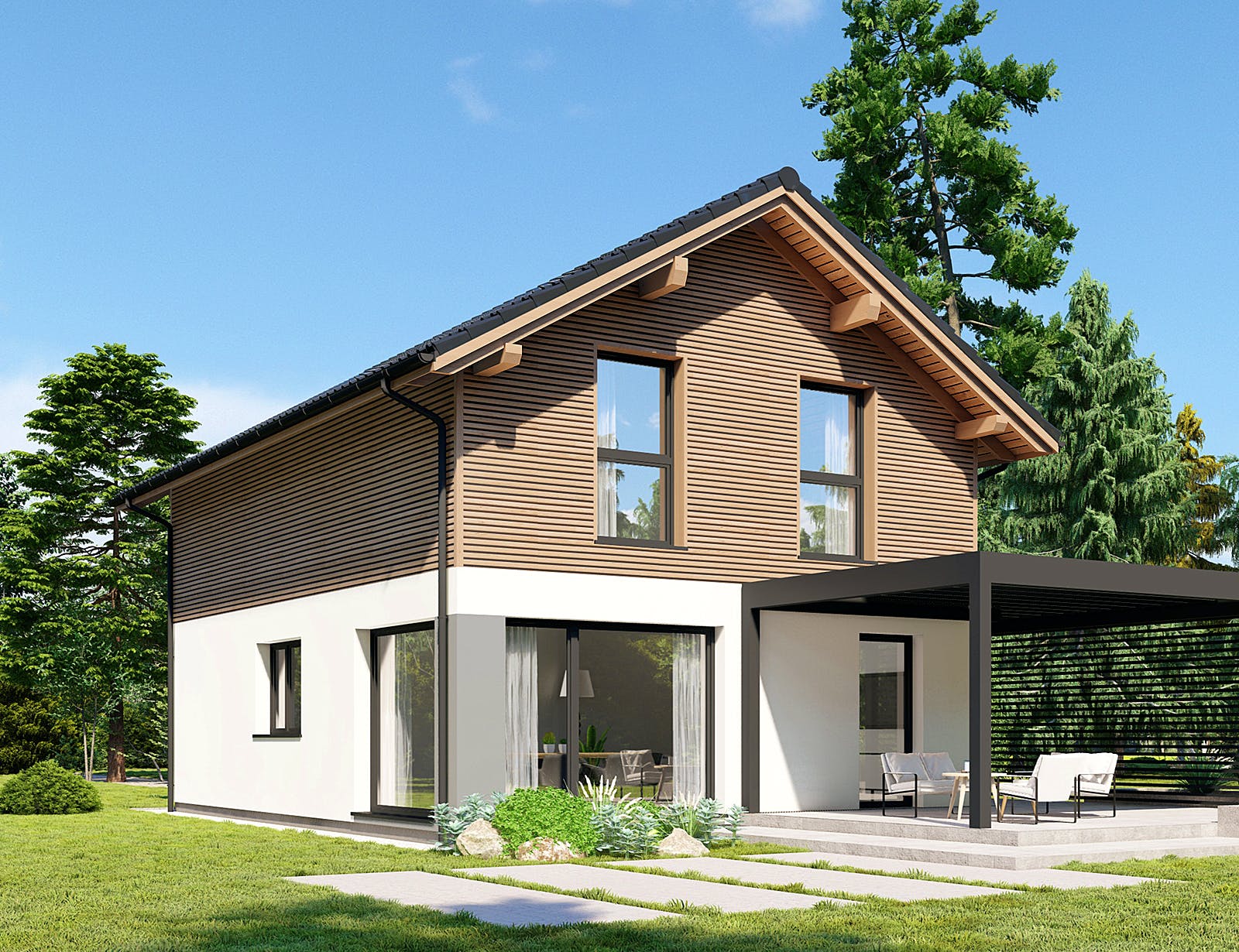 Fertighaus Point 116 von Danwood Schlüsselfertig ab 229300€, Satteldach-Klassiker Außenansicht 1