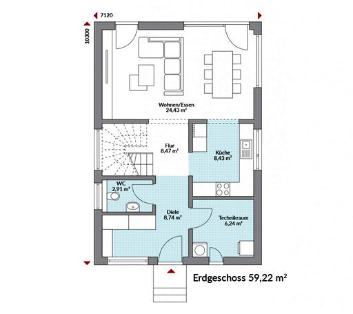 Fertighaus Point 116 von DAN-WOOD Schlüsselfertig ab 212900€, Satteldach-Klassiker Grundriss 1