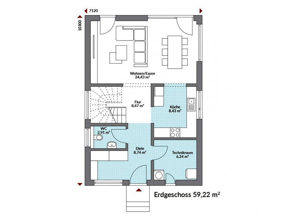 Fertighaus Point 116 von Danwood Schlüsselfertig ab 229300€, Satteldach-Klassiker Grundriss 1