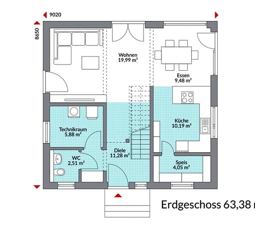 Fertighaus Point 121 von DAN-WOOD Schlüsselfertig ab 226400€, Satteldach-Klassiker Grundriss 1