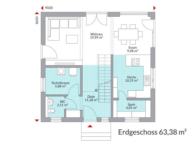 Fertighaus Point 121 von Danwood Schlüsselfertig ab 274300€, Satteldach-Klassiker Grundriss 1