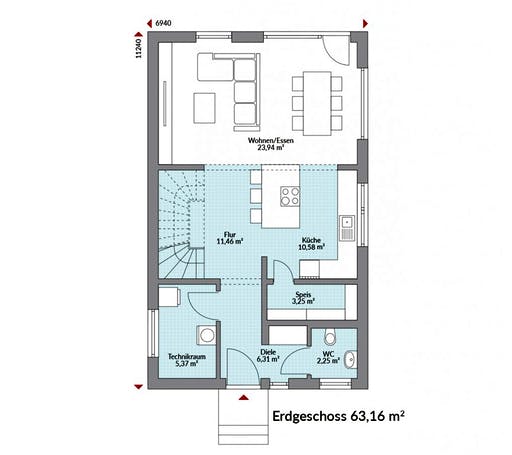 Fertighaus Point 124 von DAN-WOOD Schlüsselfertig ab 216600€, Satteldach-Klassiker Grundriss 1