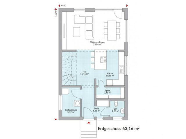 Fertighaus Point 124 von Danwood Schlüsselfertig ab 259400€, Satteldach-Klassiker Grundriss 1
