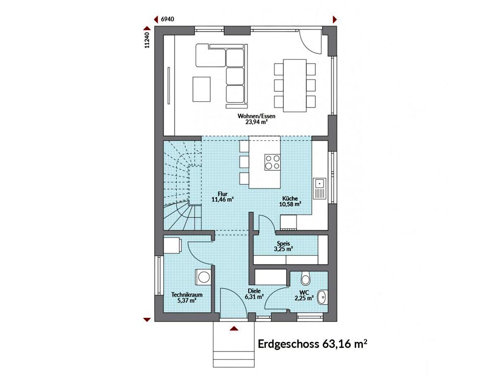Fertighaus Point 124 von Danwood Schlüsselfertig ab 225400€, Satteldach-Klassiker Grundriss 1