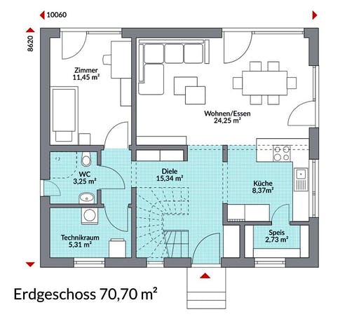 Fertighaus Point 141.1 von DAN-WOOD Schlüsselfertig ab 230200€, Satteldach-Klassiker Grundriss 1