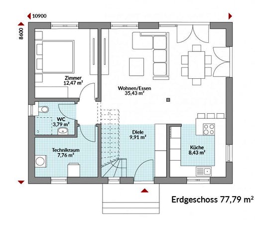 Fertighaus Point 142.1 von DAN-WOOD Schlüsselfertig ab 234900€, Satteldach-Klassiker Grundriss 1