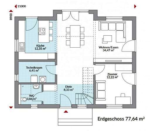 Fertighaus Point 145 von DAN-WOOD Schlüsselfertig ab 260500€, Satteldach-Klassiker Grundriss 1