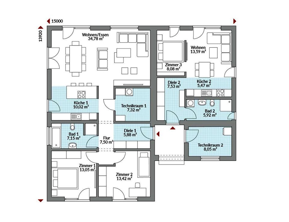 Fertighaus Privat 148 von Danwood Schlüsselfertig ab 312200€, Bungalow Grundriss 1